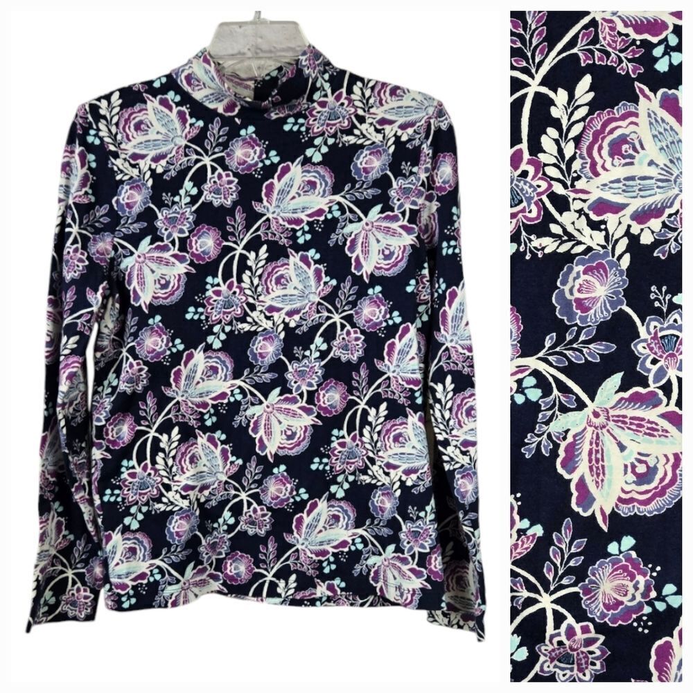 Kim Rogers Women's Long Sleeve Mock Neck Allover Print Shirt Knit Tee Floral Top